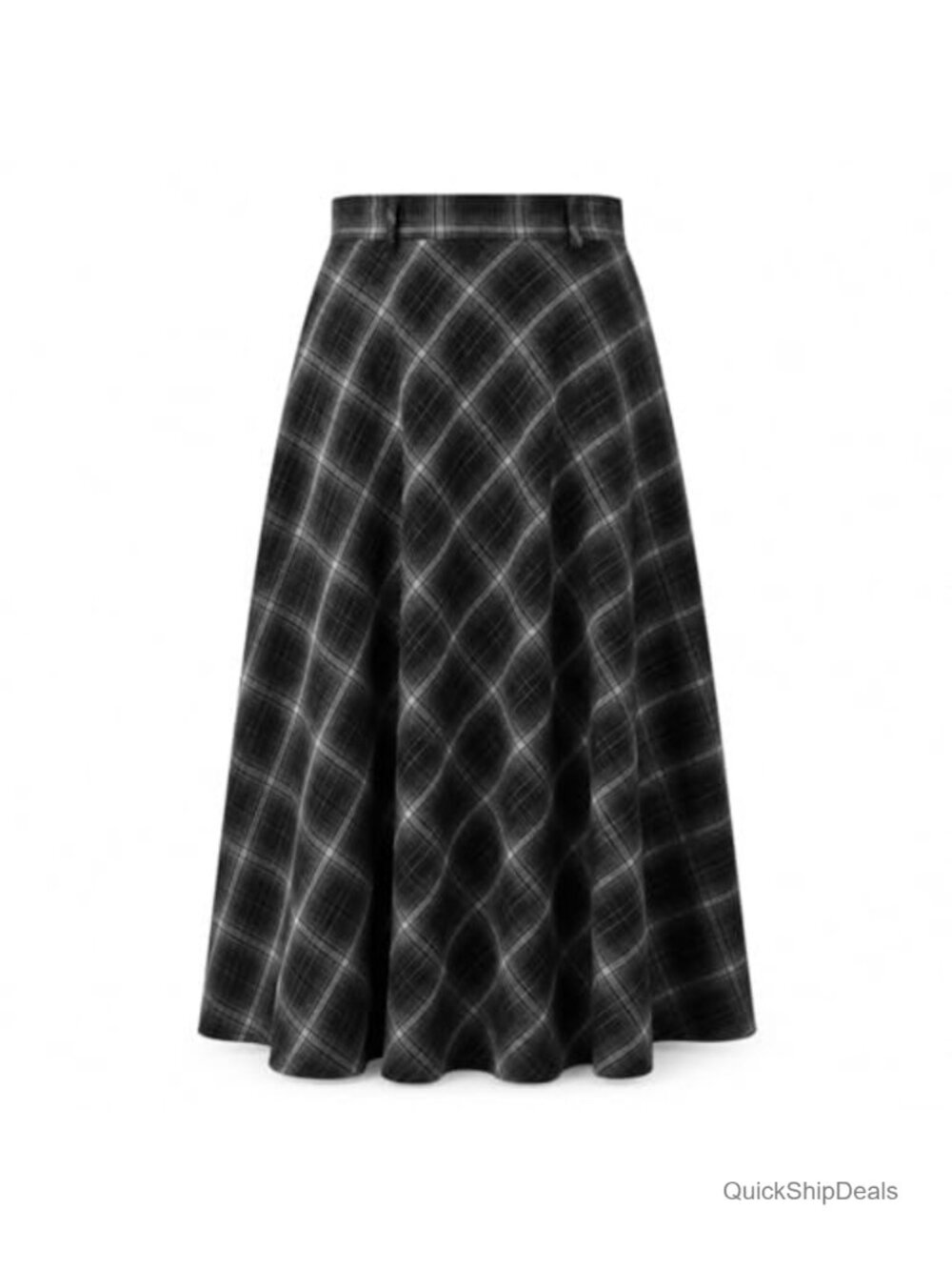 Plaid Midi Skirt High Waisted A-Line Elastic Waist Pockets Fall Winter